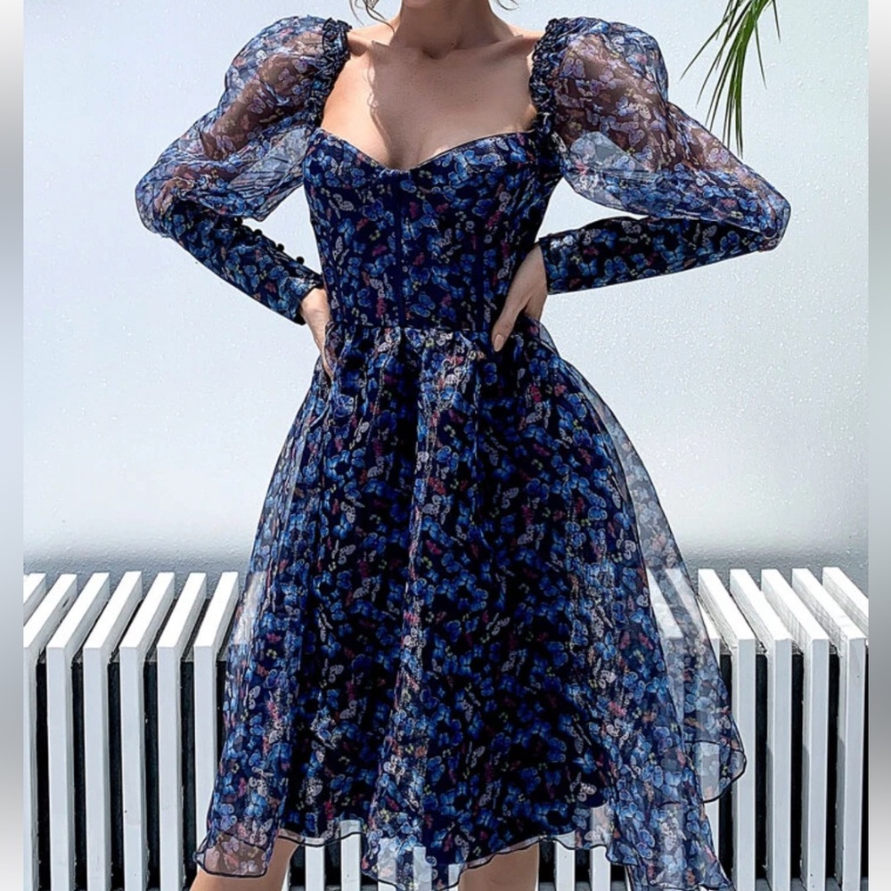 Miss Ord Chiffon Butterfly Puff Sleeve Dress - S 🦋💙